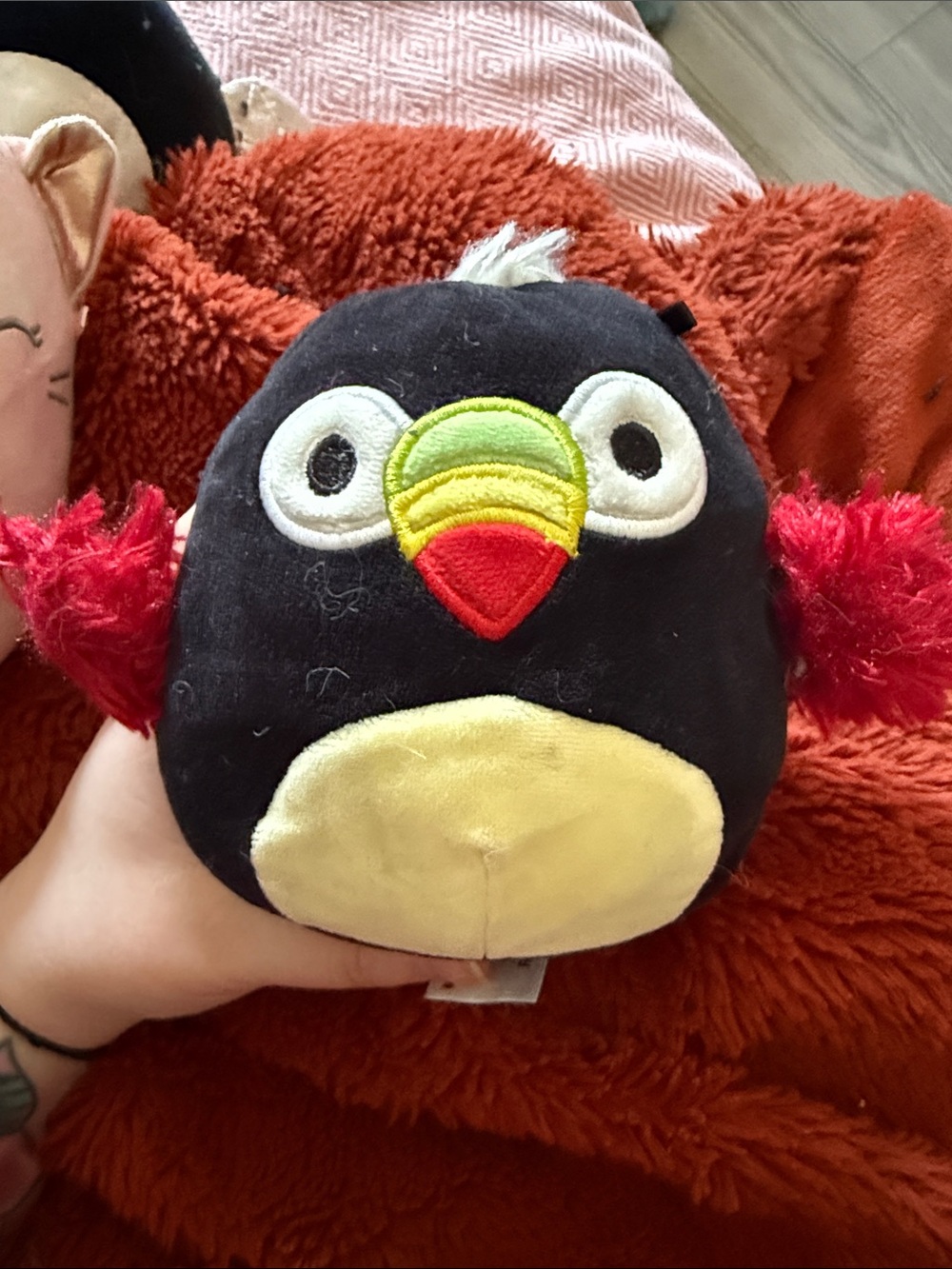 Squishmallows Black Plush Toucan with Red Wings and Yellow Belly